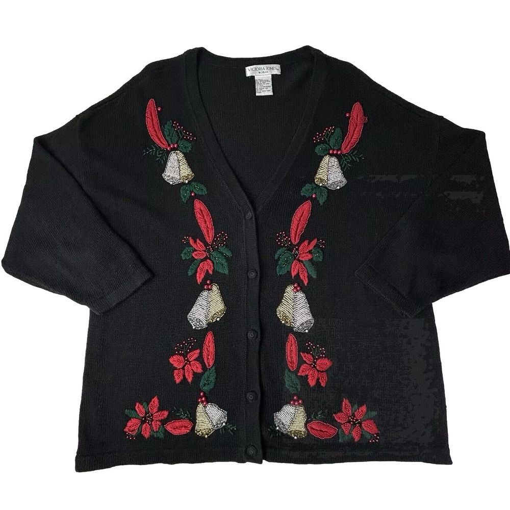 VTG 80s Victoria Jones Christmas Cardigan Embroider 3X Beaded Sequins Poinsettia